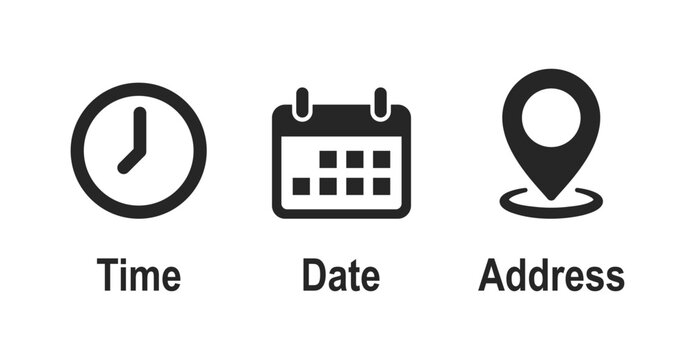 Time, date and address icon set. Calendar, clock, location. Editable stroke. Linear vector outline illustration. Vector illustration.