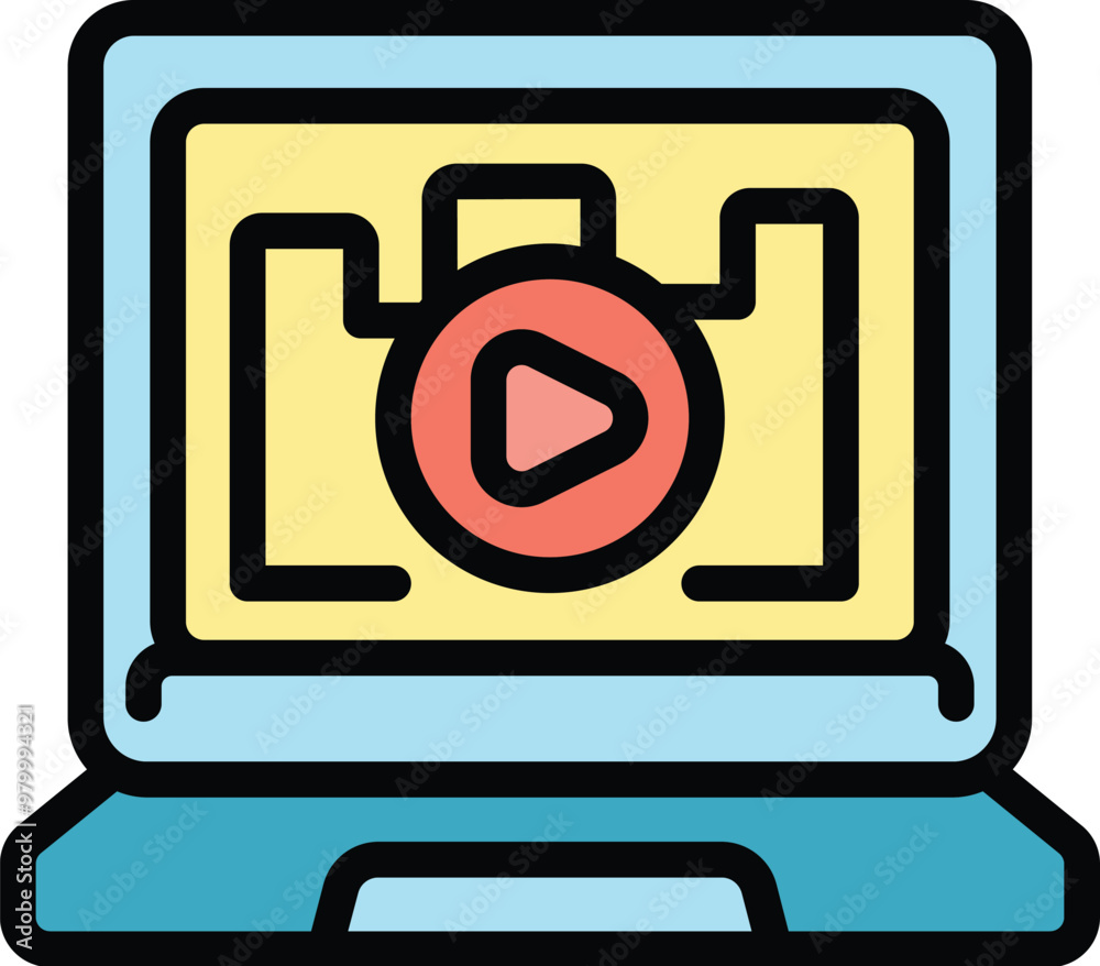 Poster laptop displaying a video player interface with a play button and timeline, representing online vide