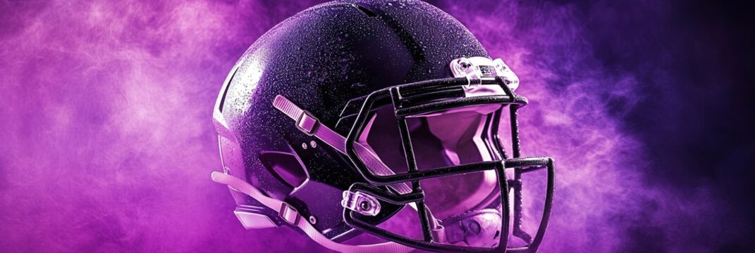 purple American football helmet against purple background. Sport poster, 