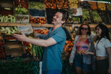 Group of friends happily buying fresh fruits and vegetables from a vibrant greengrocer. Energetic atmosphere with laughter and colorful produce.