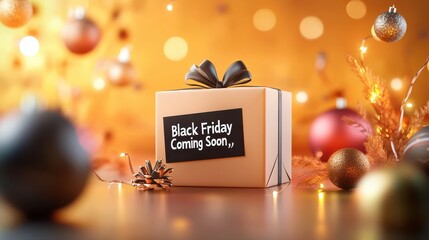 Artistic shot of a package delivery with a label reading "Black Friday Coming Soon," set against a festive background.