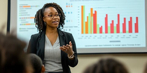 african american female professor delivering lecture to classroom of attentive students, using data charts and graphs 