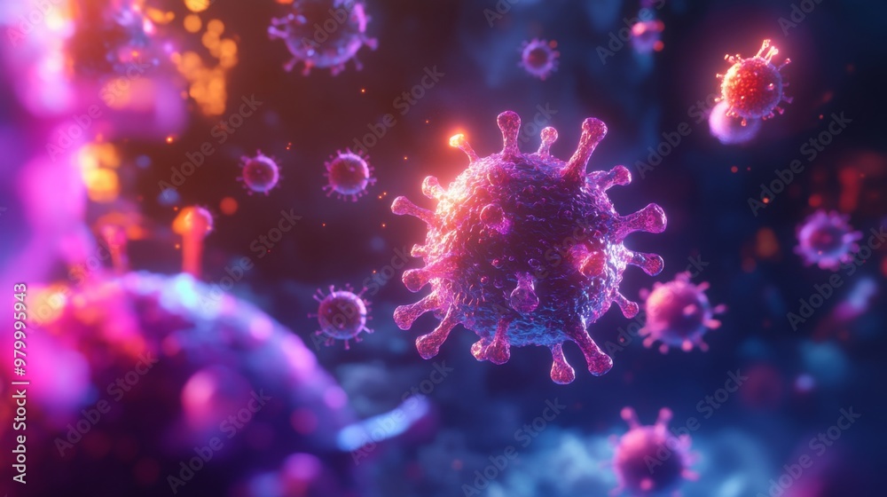 Fototapete a close-up of a virus particle, illuminated in vibrant purple and blue light. it is surrounded by ot