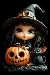 Adorable Halloween Witch with Pumpkins and Autumn Decorations