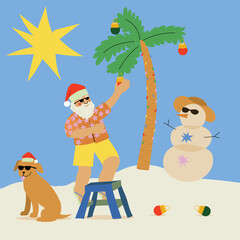 Fototapeta premium Natal Praia Brasileiro Papai Noel e Cachorro Caramelo