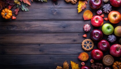 Top view of rustic Halloween treats border on dark wood background with various candied apples cookies candy and sweets