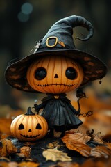 Fototapeta premium Adorable Halloween Witch with Pumpkins and Autumn Decorations