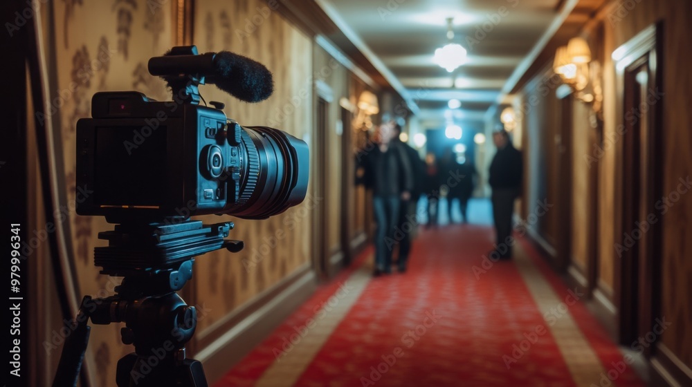 Poster a video camera on a tripod is set up in a hallway with red carpet flooring and wooden walls. several