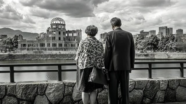 Elderly couple reflects at the Hiroshima Peace Memorial Park on a cloudy afternoon in late autumn