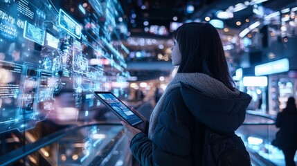Young woman using interactive digital directory in a futuristic shopping mall
