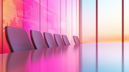 Fototapeta premium A long table with chairs in front of a colorful wall, AI