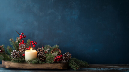 Christmas table warm lighting, dark blue wall background