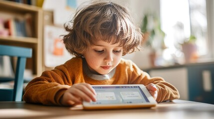 A child using interactive educational software on a tablet while sitting at a desk in a bright classroom
