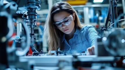 A focused woman in protective eyewear operates advanced machinery in a high-tech manufacturing environment, showcasing attention to detail and skill