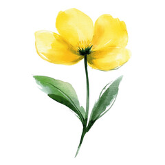 A vibrant yellow flower with delicate petals and green leaves, perfect for adding a touch of nature to any design., isolated on a transparent background.