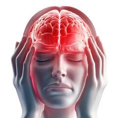 Obraz premium A woman experiencing a severe headache, symbolizing pain and discomfort, reflecting mental anguish and stress., isolated on a transparent background.
