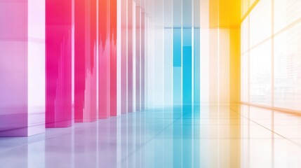 A colorful striped wall in a room with windows and glass, AI