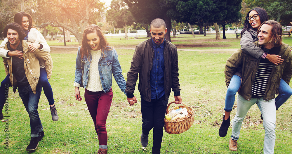 Sticker Happy people, friends and holding hands with picnic basket at park for bonding or social get together in nature. Couples, men and women with smile in joy for lunch out, group date or outdoor weekend