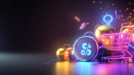 Black Friday banner with vibrant neon lighting effects, featuring sale percentages and glowing shopping carts.