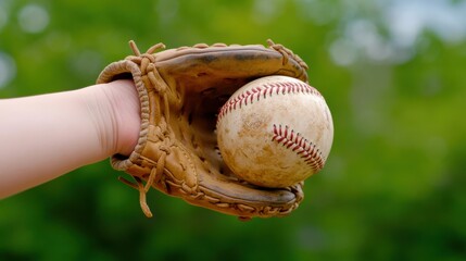 A person holding a baseball in their mitt with green trees behind them, AI