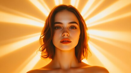 Confident Leo woman surrounded by golden light, showcasing her charisma and self-assurance