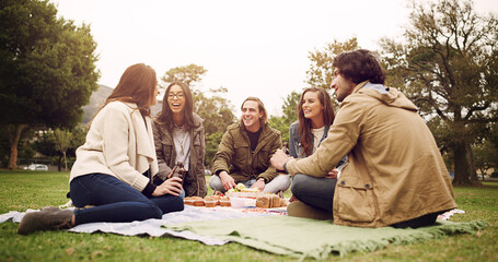 Friends, happy and conversation in park for picnic, bonding and relax on weekend with snacks in summer. Group of people, smile and talking outdoor for reunion, social and with diversity on blanket