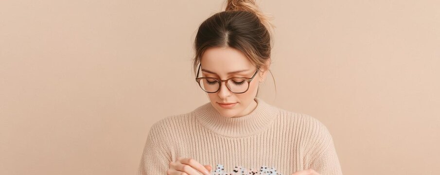 Intellectual Virgo woman solving puzzles, capturing an analytical and methodical approach