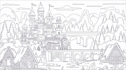 fantasy world outline coloring book page line art drawing