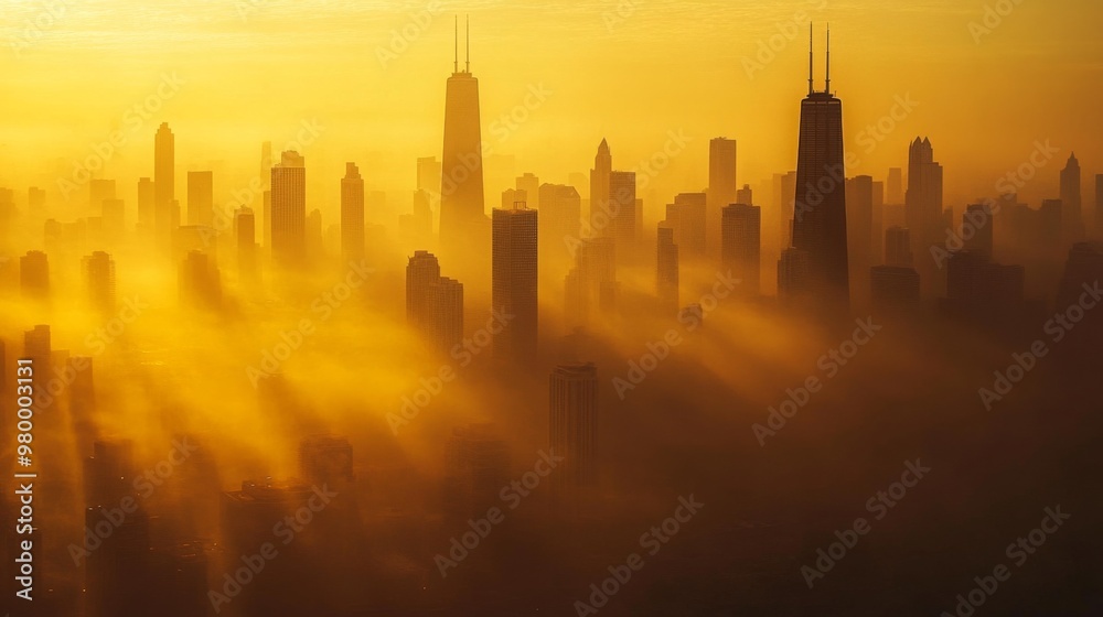Poster a breathtaking view of a city skyline illuminated by golden sunlight during sunrise. skyscrapers eme
