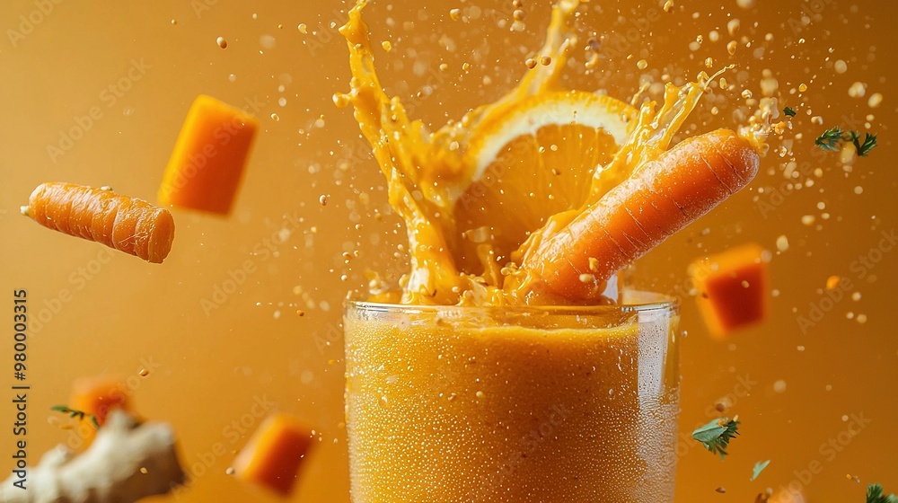 Canvas Prints   An orange juice splashes into a glass filled with carrot slices and a slice of orange