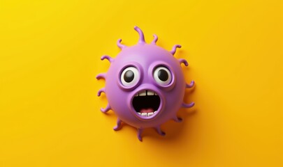 Fototapeta premium A vibrant purple cartoon virus character with exaggerated features against a bright yellow background, ideal for playful designs in health, education, or children's media.