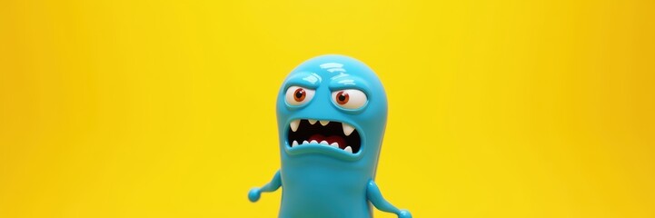 Obraz premium A playful, angry blue monster toy against a bright yellow background, perfect for children’s products, animation, or playful marketing campaigns.