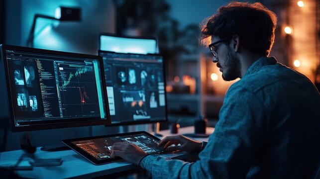 A creative workspace with a graphic designer working on a digital tablet with multiple screens and design tools