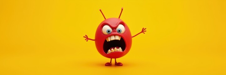 Obraz premium A vibrant, cartoonish red character with an angry expression on a bright yellow background, perfect for playful designs and marketing materials.