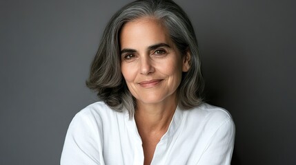 Fototapeta premium Portrait of Senior Woman with Silver Hair Smiling in Classic White Shirt