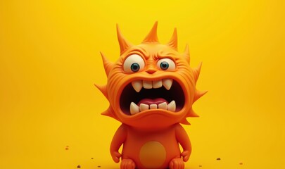 Naklejka premium A playful, angry cartoon monster character with spiky features against a bright yellow background, perfect for children’s content, games, or merchandise.