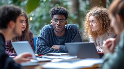 A diverse group of students engaged in a collaborative study session around a table with laptops and notebooks