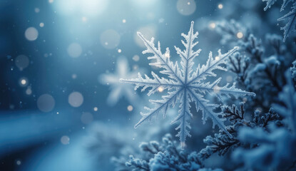 Close-up of a frosty snowflake on a winter branch with soft bokeh lights in the winter background,  for use in Christmas or New Year greeting cards.