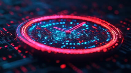 Obraz premium Quantum fields, digital fractals, glowing clock, futuristic look
