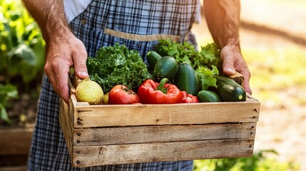 Crate of Fresh Organic Vegetables Held by Farmer in Sunlit Garden