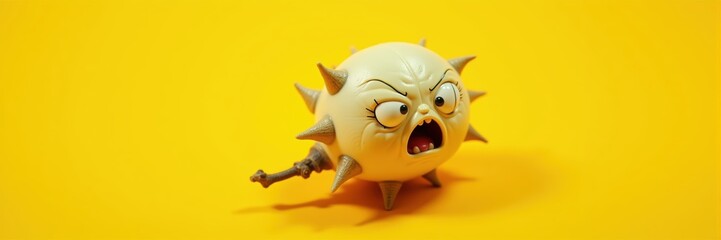 Obraz premium Cartoonish spiked character with an angry expression on a vibrant yellow background, perfect for playful designs, animations, or merchandise.