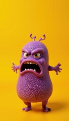 Naklejka premium A vibrant purple monster with an angry expression against a bright yellow background, perfect for children's products, animations, and playful branding.