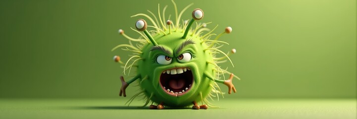 Fototapeta premium Cartoonish angry virus character on green background, ideal for health-related projects, educational materials, and creative illustrations.