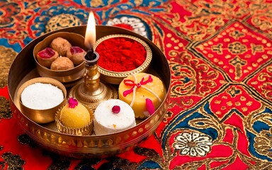 Generative-AI close-up of traditional Bhai Dooj thali with festive decorations and sweets