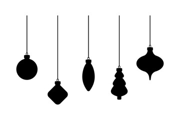 Set of hanging Christmas tree decorations. Christmas tree toy. Black silhouette. Front side view. Vector simple flat graphic illustration. Isolated object on white background. Isolate.