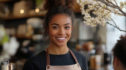 Smiling Barista at Cozy Coffee Shop with Blooming Flowers in Background Image