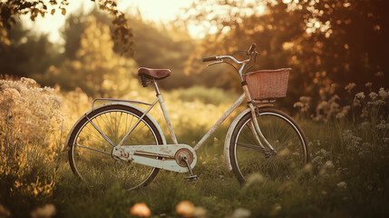 Fototapeta premium Retro bicycle with a basket parked in a sunny field during golden hour surrounded by flowers