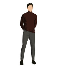 Vector illustration of a man in a dark red turtleneck and dark gray pants. Understated style