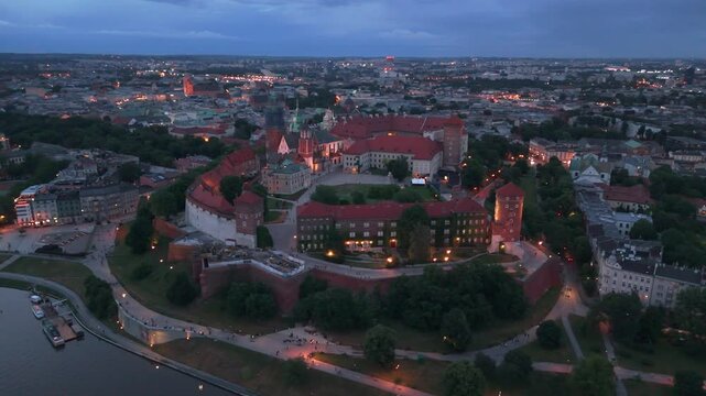 evening flight over wawel castle in krakow poland in summer