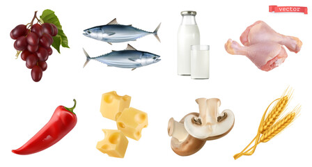 Food, 3d realistic vector set. Fruits, vegetables, cheese, milk, mushrooms, fish, meat, bread